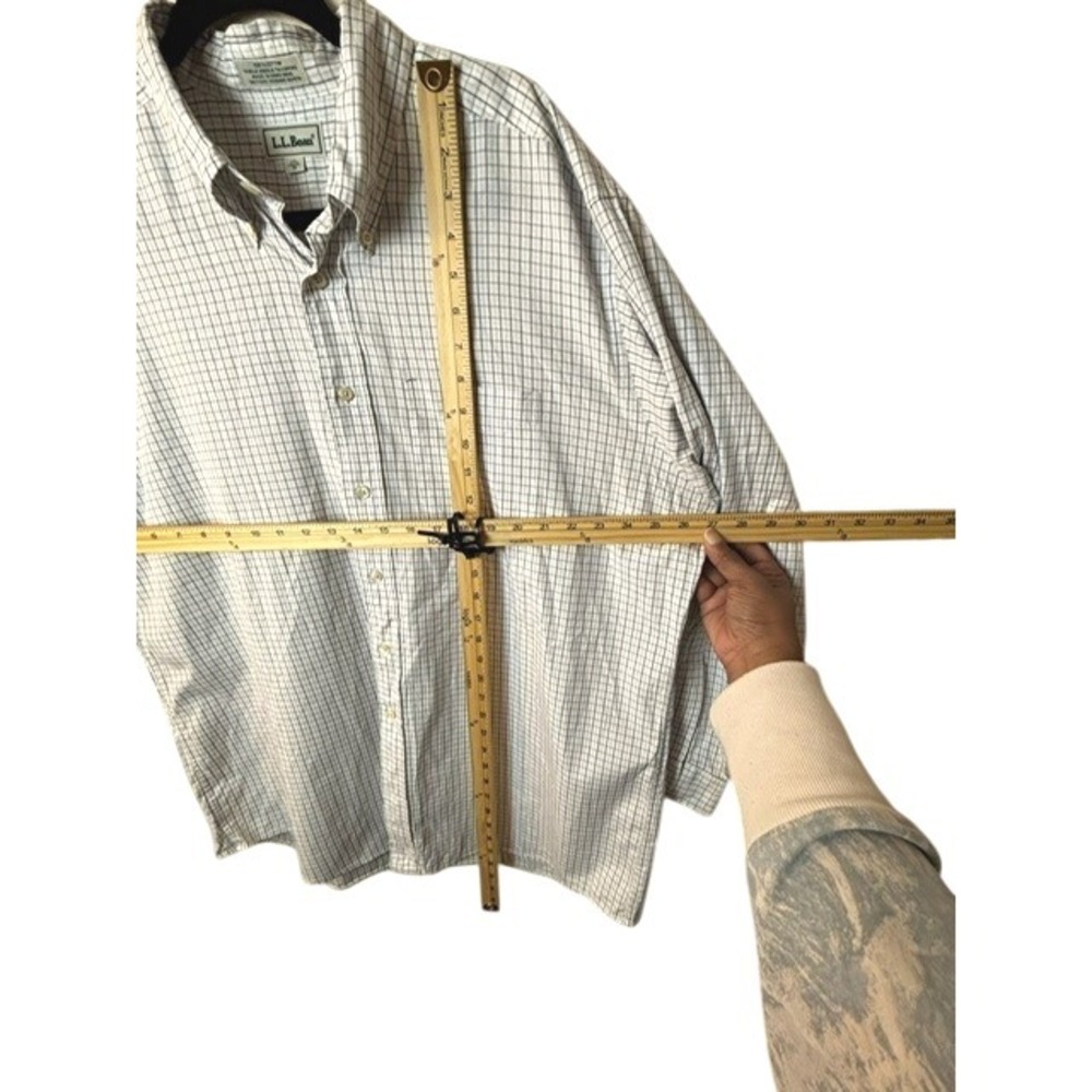 LL Bean Mens Button Down Shirt 17.5/34 White Blue Check Single Needle Tailoring - Picture 6 of 6